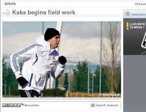 Reprodução da foto do site do Real Madrid mostra Kaká correndo no campo do centro de treinamento