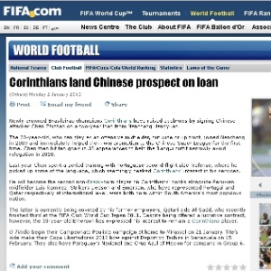 Site da Fifa destacou contratação do atacante chinês Chen Zhizhao, de 23 anos, pelo Corinthians