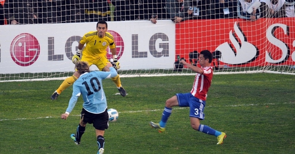Detalhe do momento em que Diego Forlán chuta de esquerda para fazer o segundo do Uruguai
