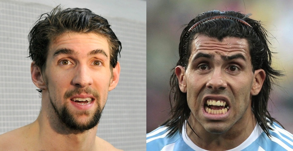 Phelps e Tevez devem ter se espantado com a semelhança entre os dois