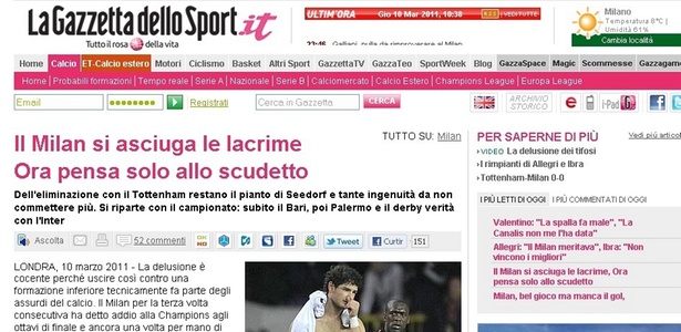 Jornal La Gazzetta dello Sport lamenta eliminação do Milan da Liga dos Campeões