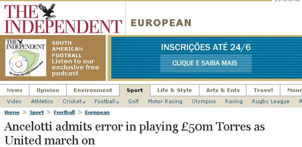 Jornal inglês The Independent destaca erro admitido por Ancelotti por ter escalado Fernando Torres (12/04/2011)