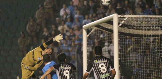 Goleiro Marcelo Grohe, do Grêmio, faz defesa durante jogo contra o Figueirense - Rubens Flores/FotoArena/AE