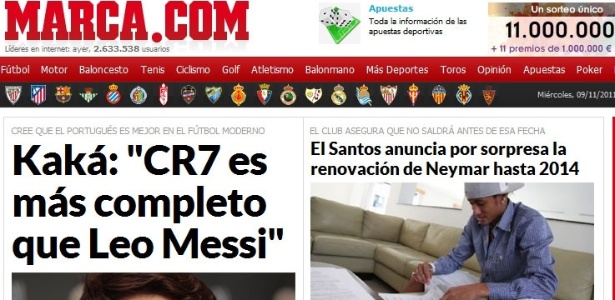 Página do jornal Marca informa a renovação contratual de Neymar com o Santos - Reprodução