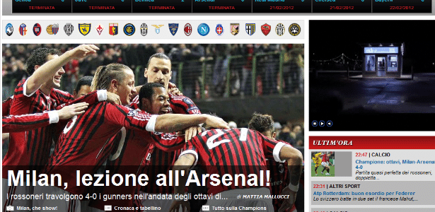 Jornal italiano "Corriere dello Sport" exalta goleada do Milan sobre o Arsenal pela Liga - Reprodução/Corriere dello Sport