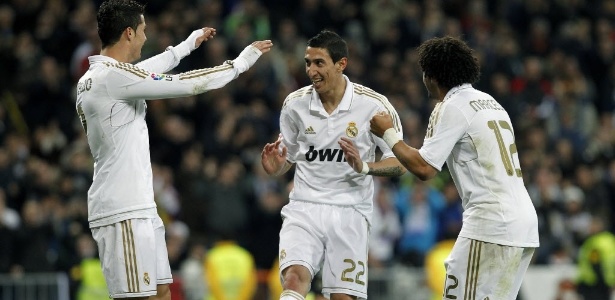 Cristiano Ronaldo, Di Maria e Marcelo comemoram terceiro gol do Real  - AP Photo/Andres Kudacki