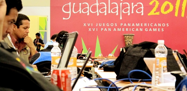O centro de imprensa dos Jogos Pan-Americanos de Guadalajara na segunda-feira (24)