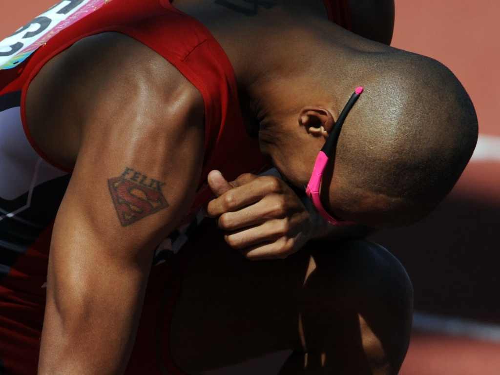 Detalhe da tatuagem do dominicano Felix Sanchez, atleta que competiu nos 400 m rasos