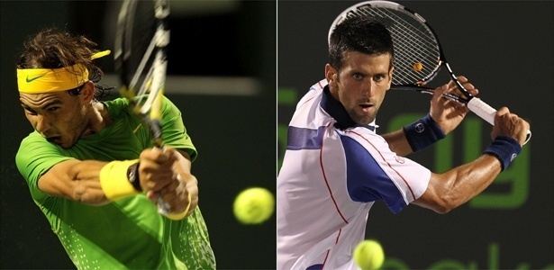 Rafael Nadal e Novak Djokovic vencem sem perder sets nas oitavas de final de Miami - Mike Ehrmann/Getty Images/AFP e Al Bello/Getty Images/AFP