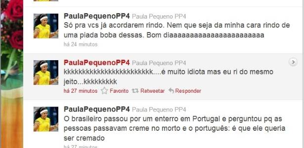 Paula Pequeno se diverte com piada de português no Twitter